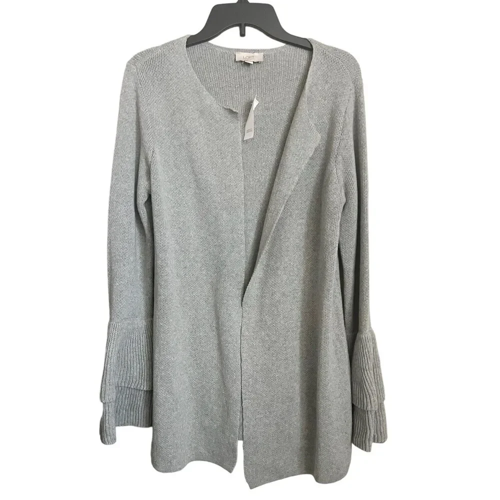 LOFT Women NWT Open Long Cardigan Coatigan Knit Sz S Bell Sleeve Ruffles Gray - Picture 1 of 5